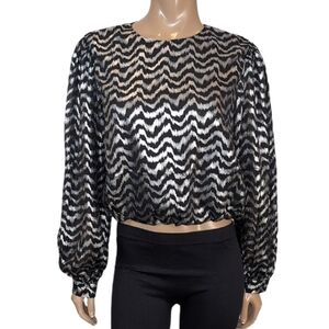 NEW INA [i:na] Metallic Balloon Sleeve Blouse Silver Zig Zag Cropped Party Top